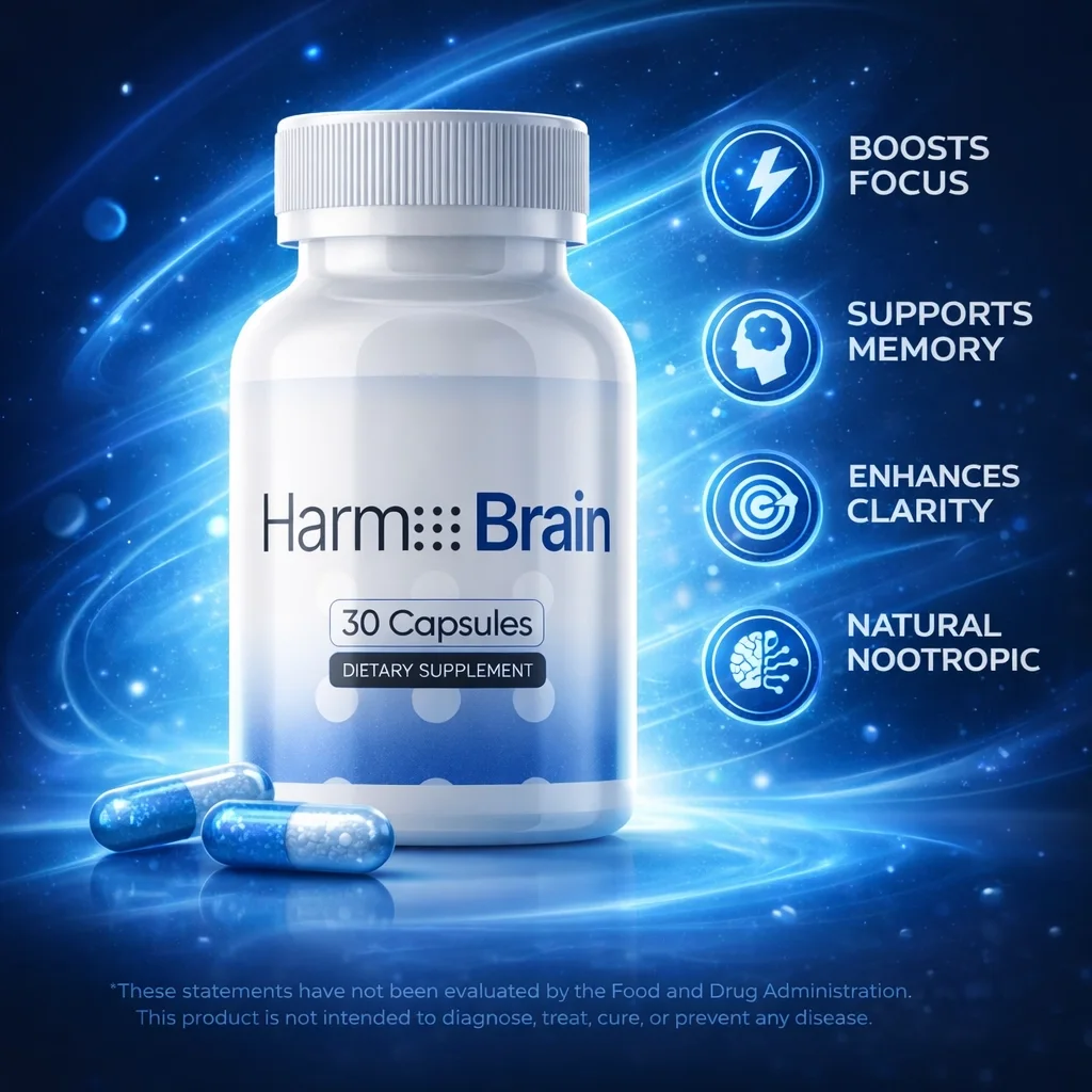 Supplier key visual: one Harmo Brain bottle on a blue light-streak background beside four icons reading Boosts Focus, Supports Memory, Enhances Clarity and Natural Nootropic