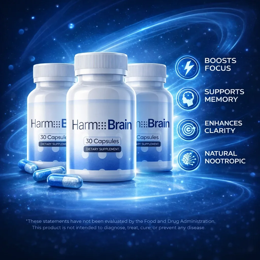 Supplier key visual: three Harmo Brain bottles on a blue light-streak background beside the same four artwork lines
