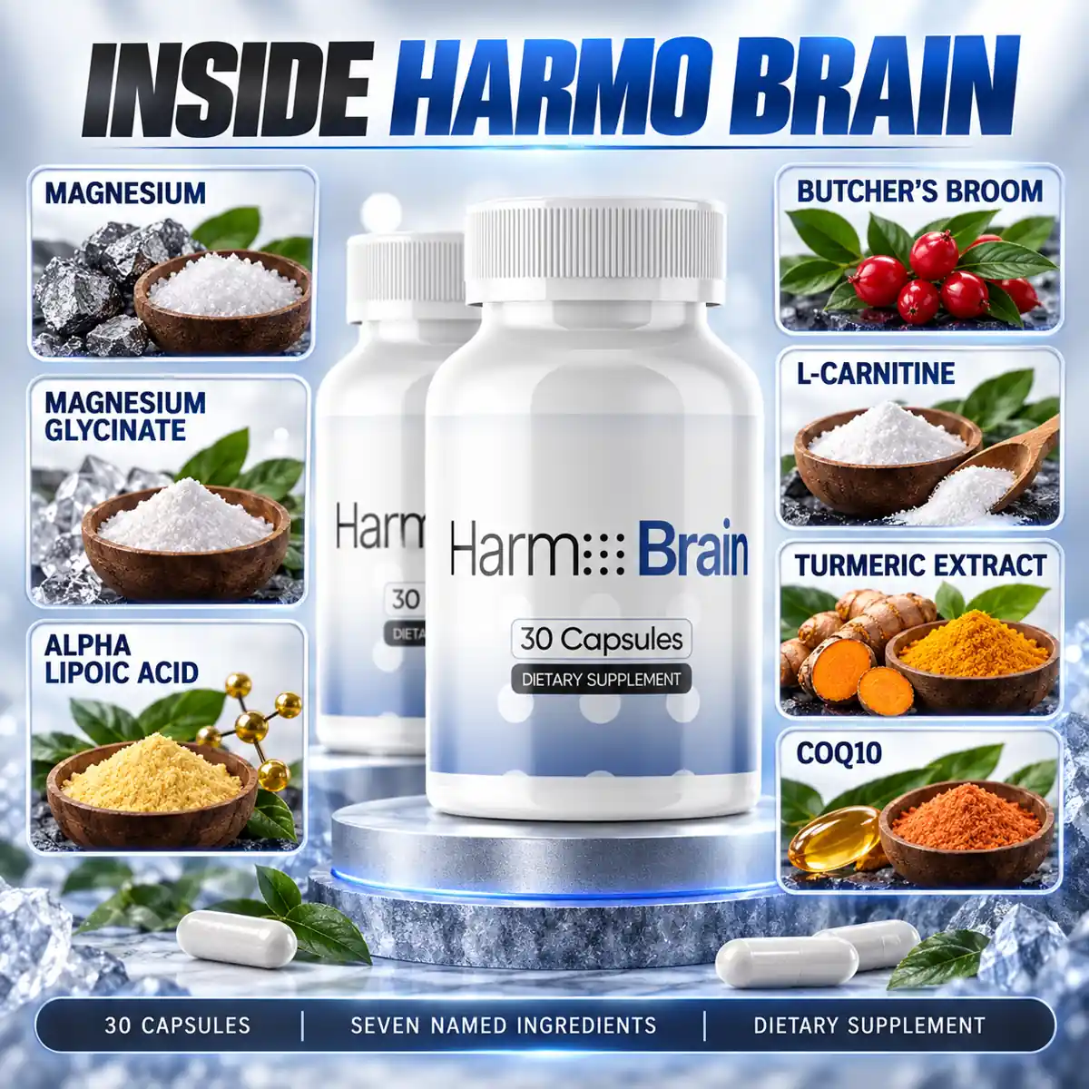 Supplier artwork headed Inside Harmo Brain: two bottles on a stone plinth, framed by panels for magnesium, magnesium glycinate, alpha lipoic acid, butcher’s broom, L-carnitine, turmeric extract and CoQ10