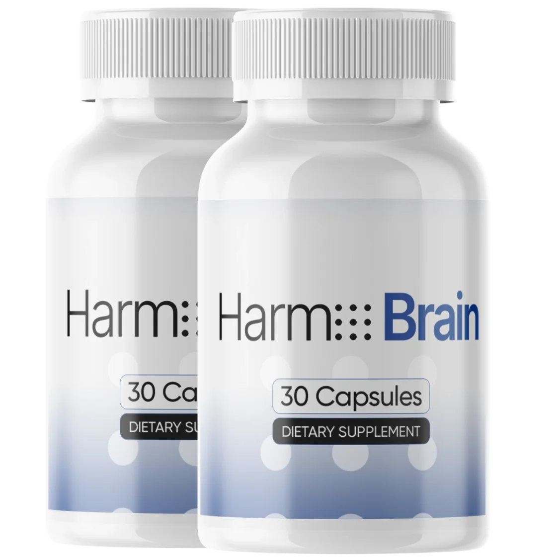 Two Harmo Brain bottles, white with a periwinkle base band, each front label reading Harm:::Brain, 30 Capsules, Dietary Supplement