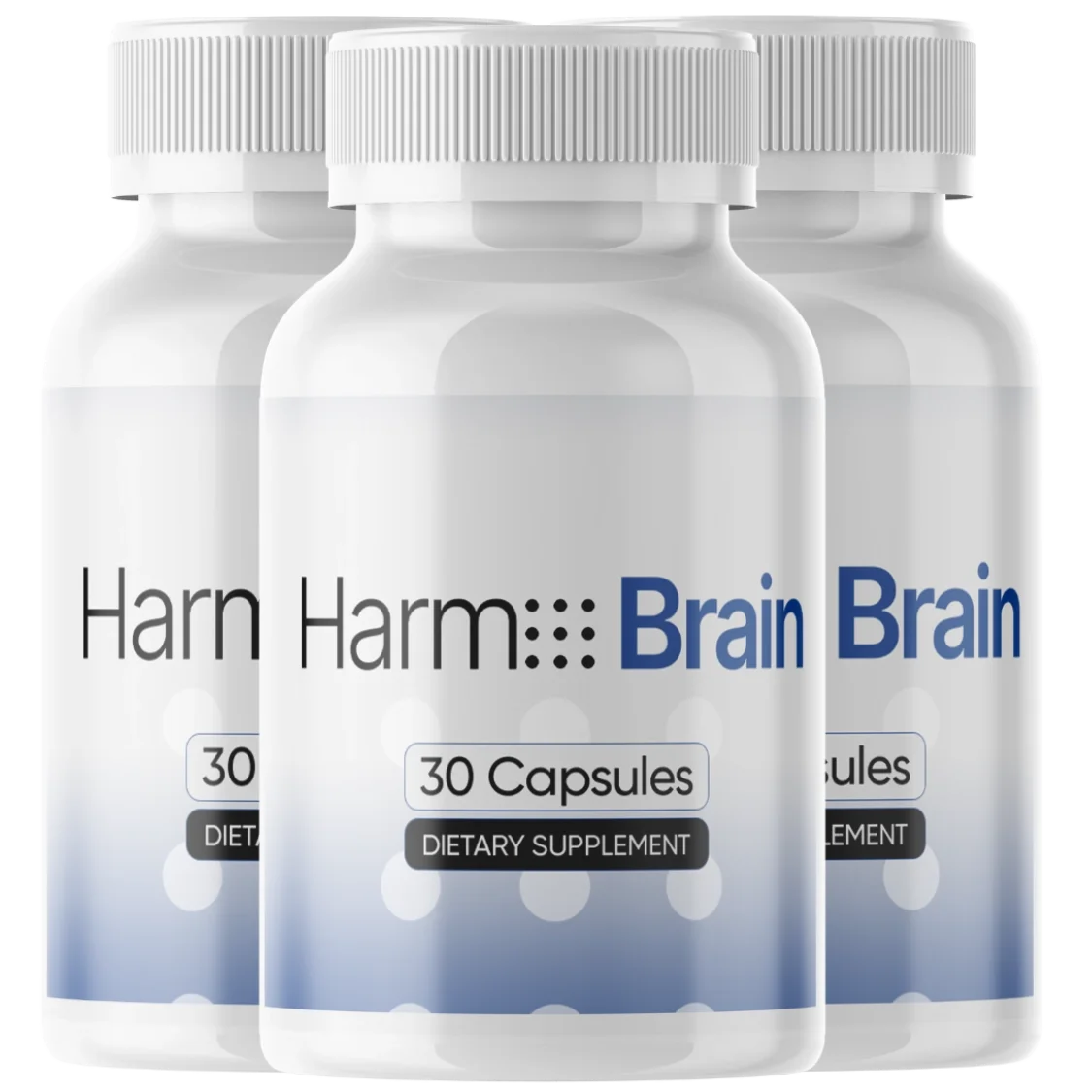 Harmo Brain 3 bottles, white bottles with periwinkle bases reading 30 Capsules