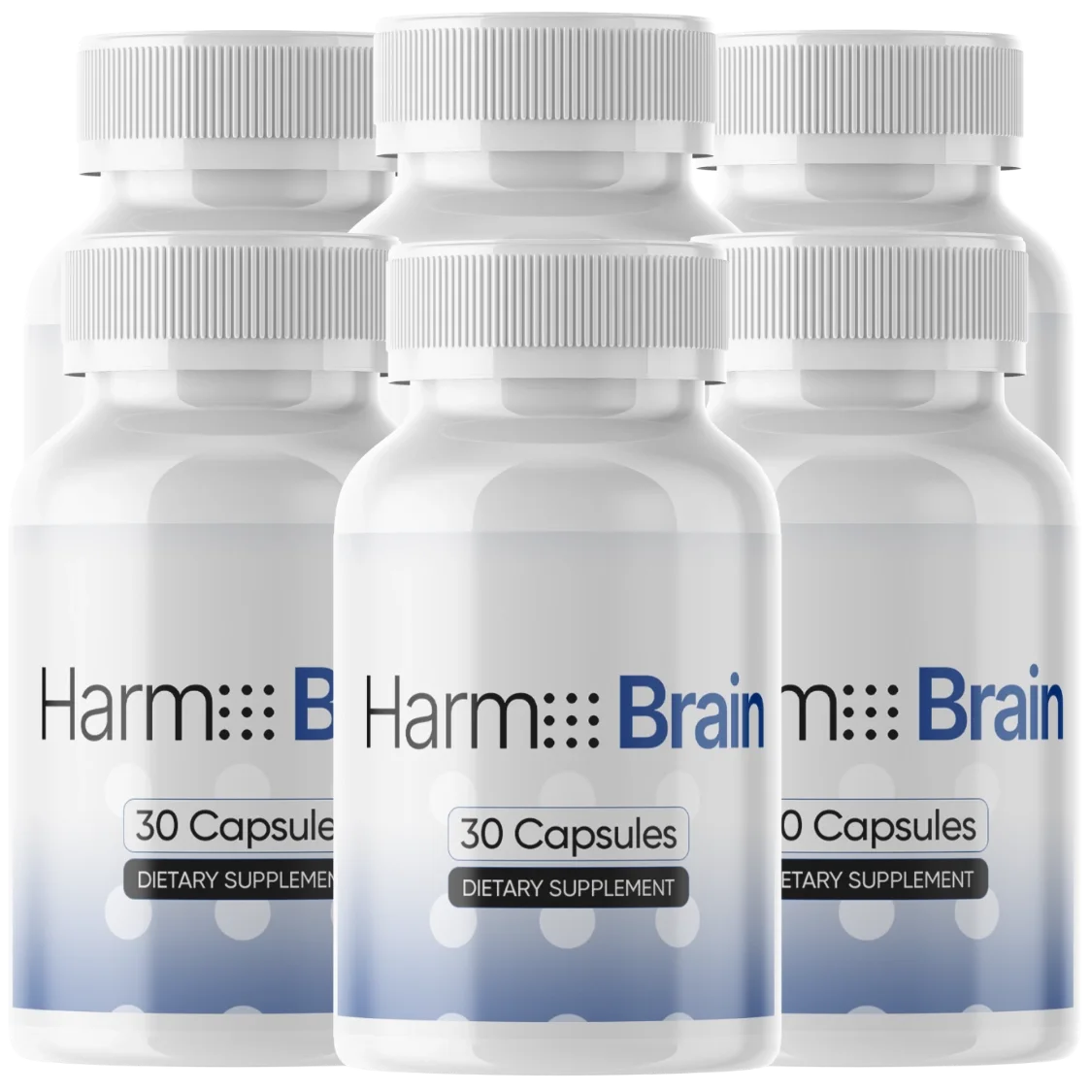 Harmo Brain 6 bottles, white bottles with periwinkle bases reading 30 Capsules