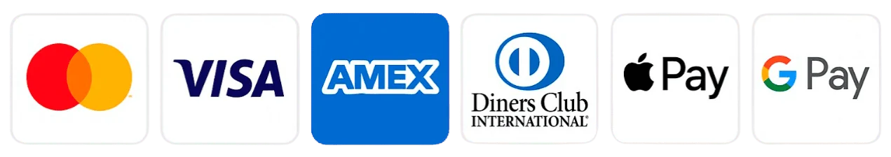 Accepted: Mastercard, Visa, American Express, Diners Club, Apple Pay, Google Pay