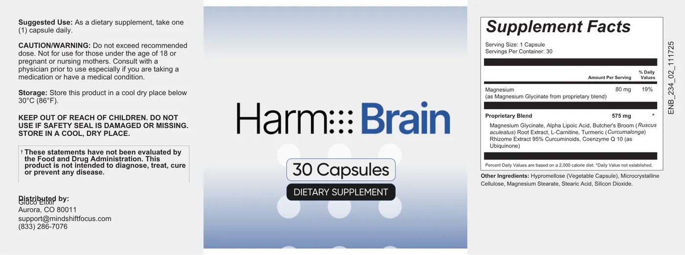 The Harmo Brain label panel: Supplement Facts for one capsule with magnesium 80 mg and a 575 mg proprietary blend, with the suggested use, caution and storage lines